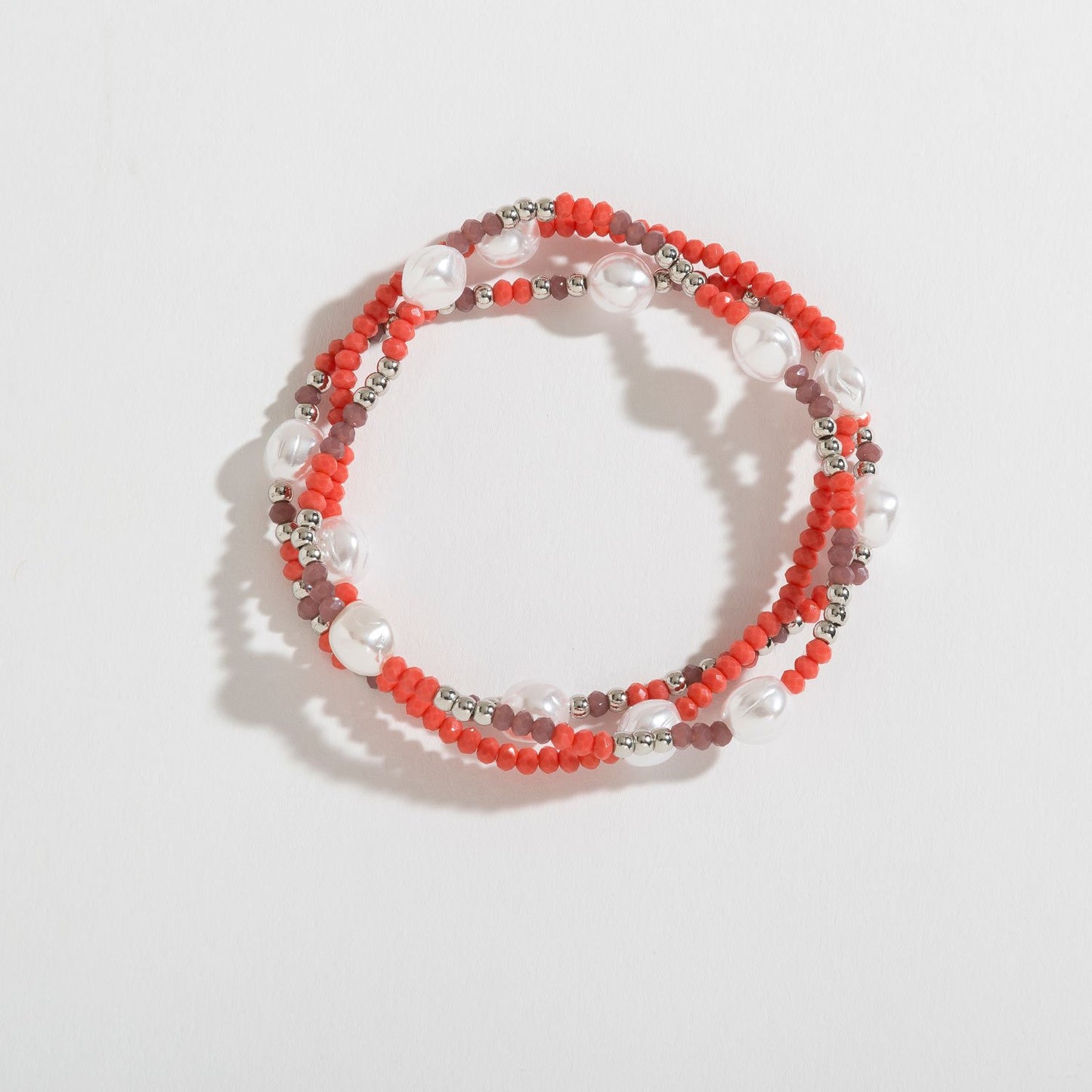 GLASS BEAD AND PEARL LAYERED STRETCH BRACELET