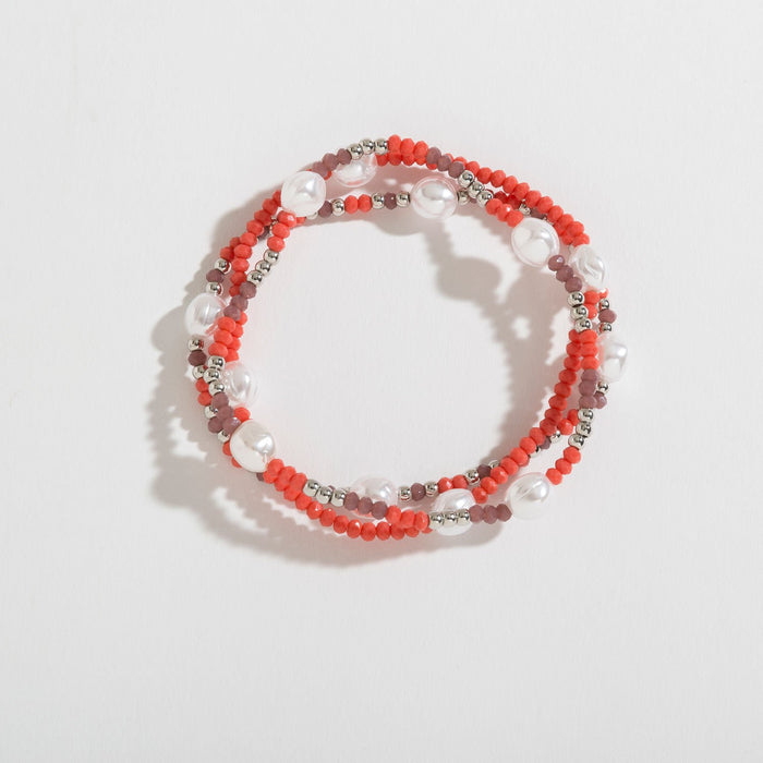 GLASS BEAD AND PEARL LAYERED STRETCH BRACELET