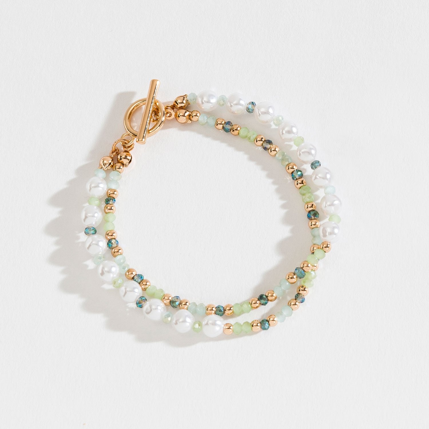 SEED BEAD AND PEARL LAYERED TOGGLE BRACELET