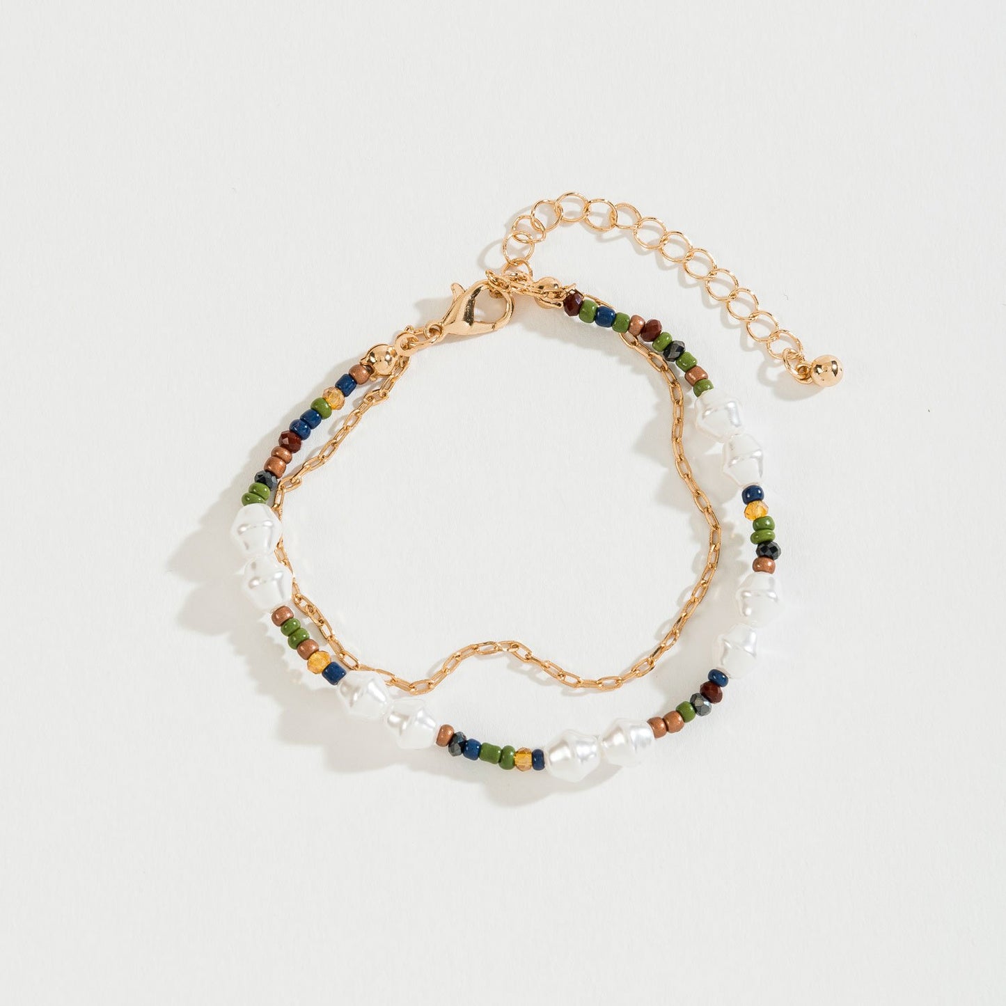 SEED BEAD AND PEARL LAYERED CHAIN BRACELET