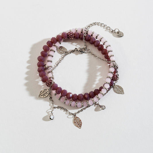 FACETED BEAD CUTOUT LEAF CHARM LAYERED STRETCH BRACELET