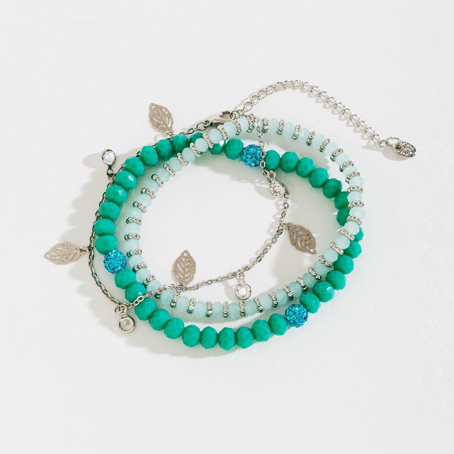 FACETED BEAD CUTOUT LEAF CHARM LAYERED STRETCH BRACELET