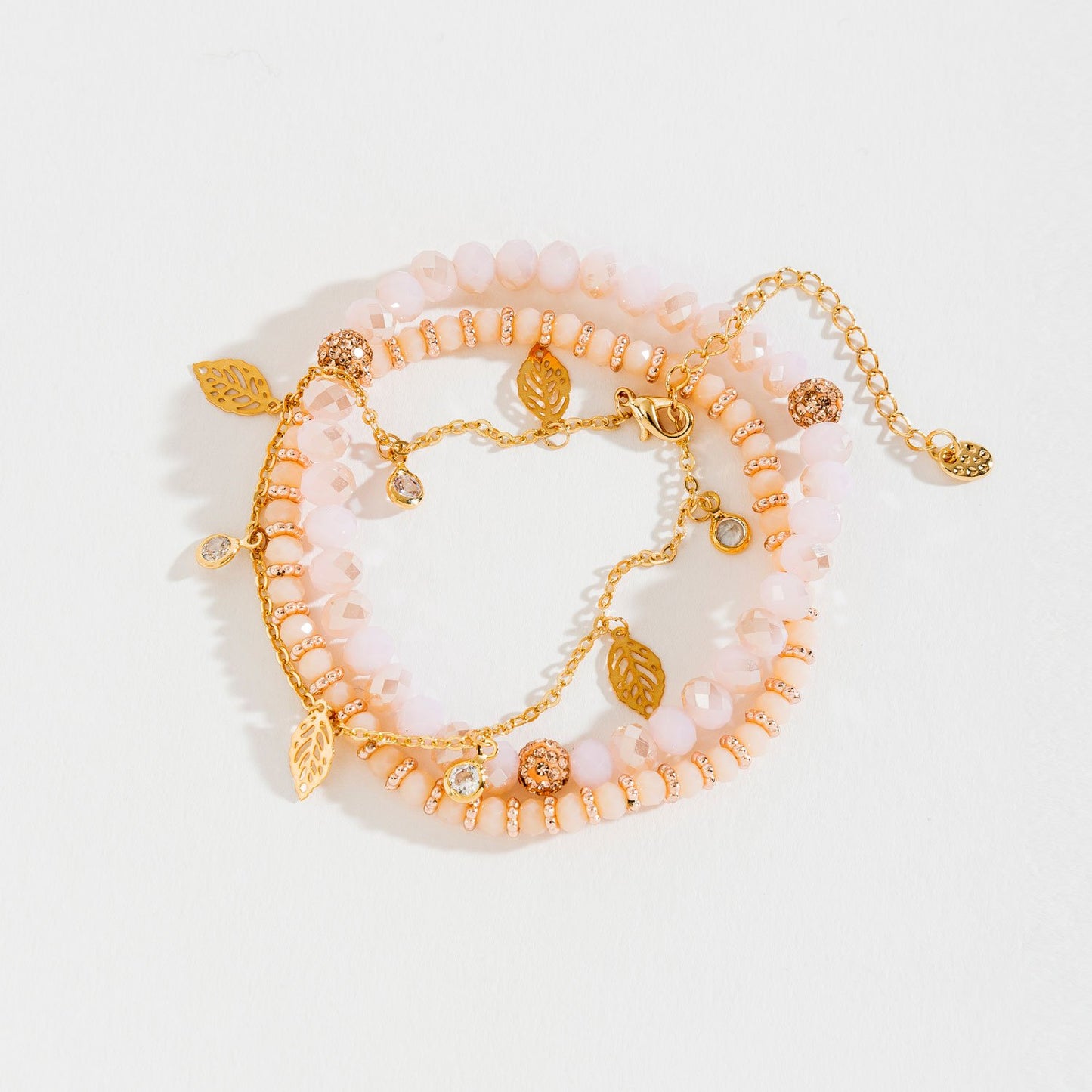 FACETED BEAD CUTOUT LEAF CHARM LAYERED STRETCH BRACELET