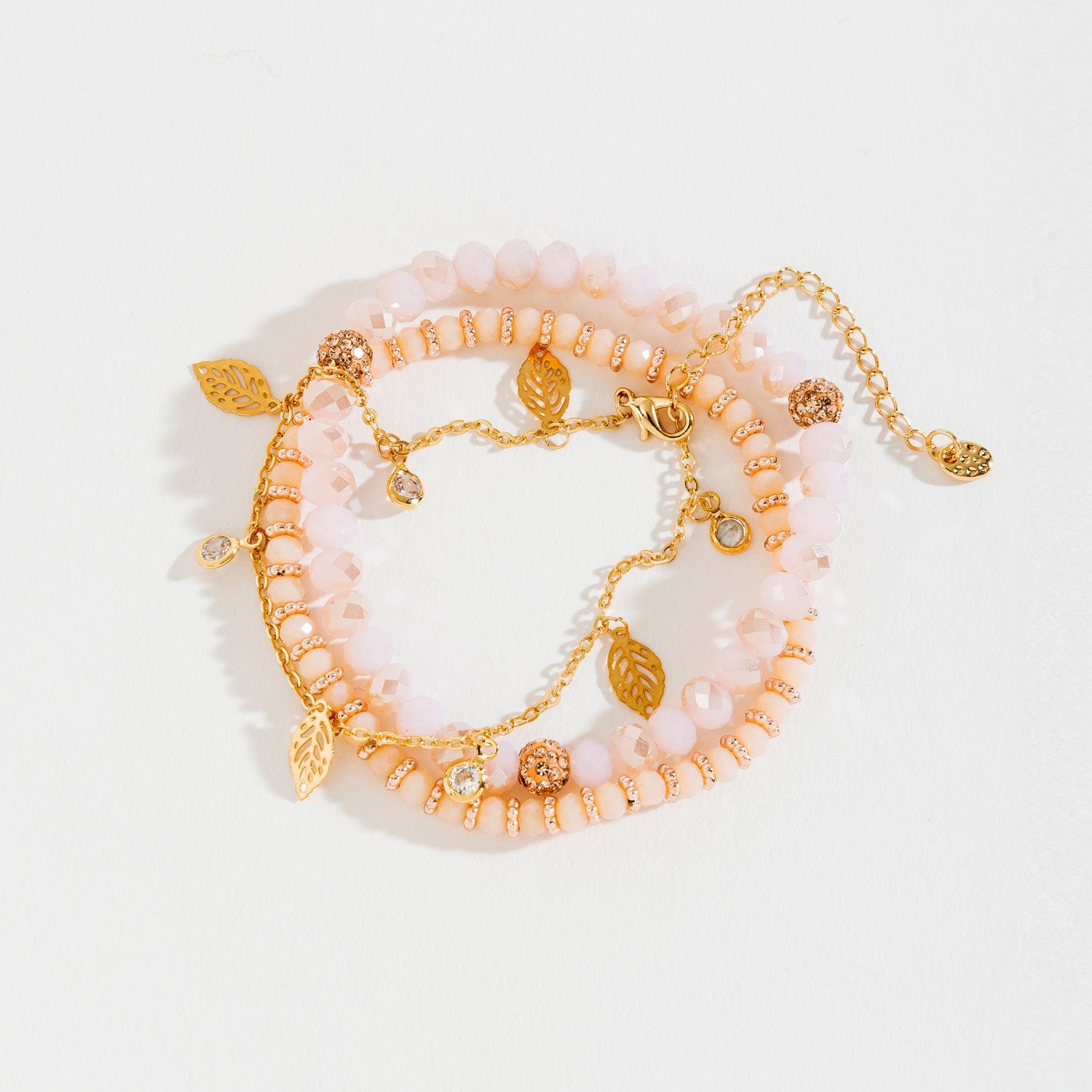 FACETED BEAD CUTOUT LEAF CHARM LAYERED STRETCH BRACELET