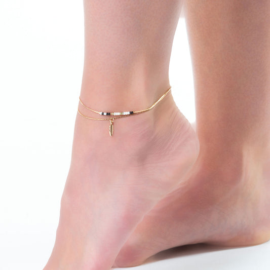Alexis Layered Seed Bead Gold Feather Charm Anklet