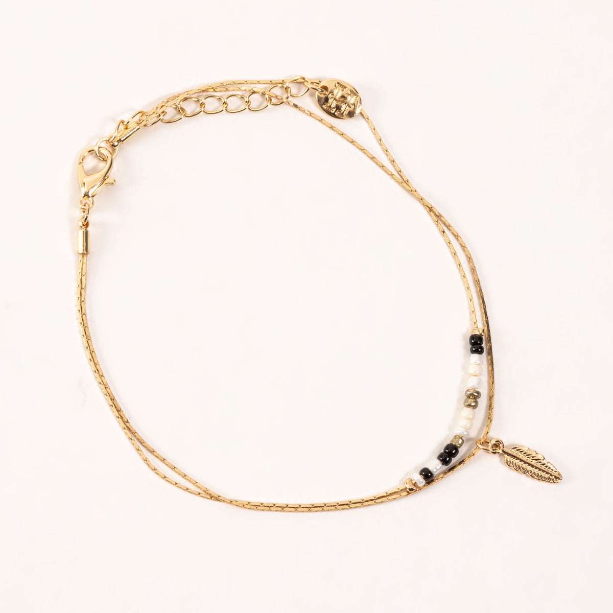 Alexis Layered Seed Bead Gold Feather Charm Anklet