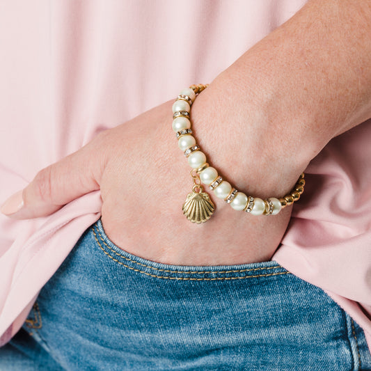 Gold Beach Icon Charm and Pearl Stretch Charm Bracelet