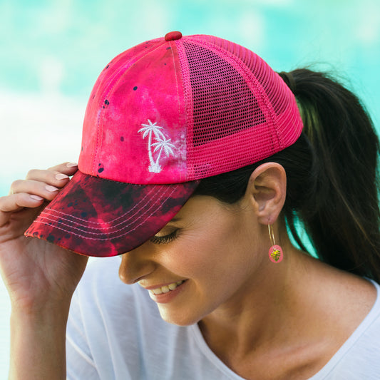 Taryn Tie Dye Trucker Hat with Embroidered Beach Icon